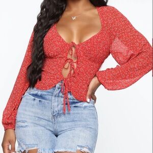 Fashion Nova Red Floral Tie-Front Crop Top